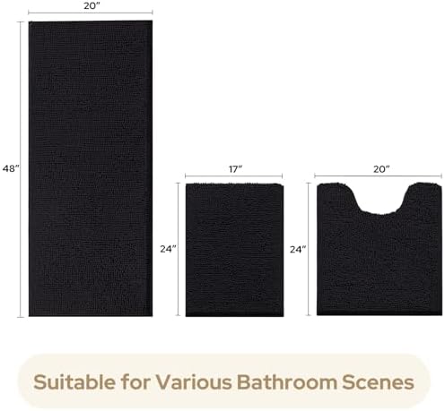HOMEIDEAS Black Long Chenille Bathroom Rugs Set of 3, Non Slip Bath Mat
