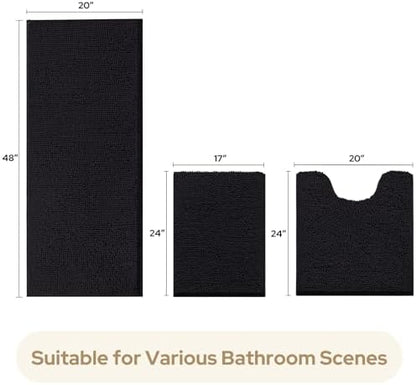 HOMEIDEAS Black Long Chenille Bathroom Rugs Set of 3, Non Slip Bath Mat
