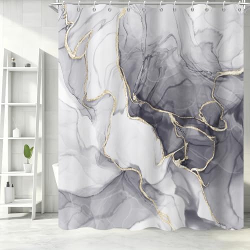 Grey Marble Shower Curtain Modern Abstract Luxury Gold Ink Texture Gray Ombre Watercolor Bathroom Curtain Set with Hooks Soft and Lightweight Waterproof Fabric Machine Washable 72" Wx72 L