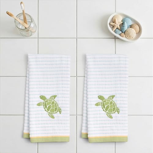 Ritz 2-Piece Cotton Velour Bathroom Hand Towel Set, Embroidered Sea Turtle Design, Soft Pinstripe Coastal Bathroom Towels for Beach House, Lake Home, or Spa Decor, 16 in x 26 in