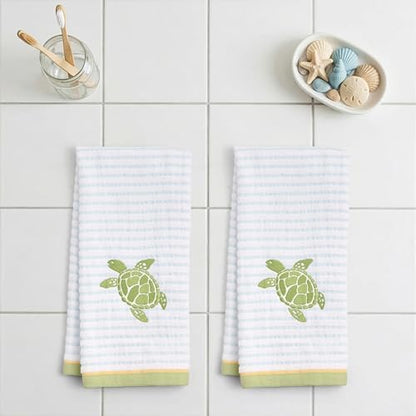 Ritz 2-Piece Cotton Velour Bathroom Hand Towel Set, Embroidered Sea Turtle Design, Soft Pinstripe Coastal Bathroom Towels for Beach House, Lake Home, or Spa Decor, 16 in x 26 in