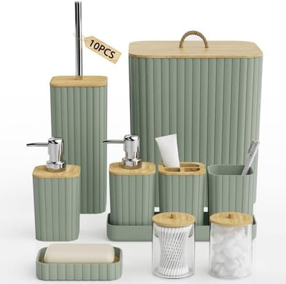 Bathroom Accessories Set - 10PC Bathroom Set, Sage Green Bathroom Set, Bathroom Accessories Set, Toilet Brush, Bathroom Trash Can & Soap Dispenser