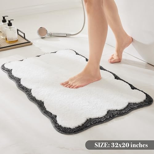 Ohocut Luxury Microfiber Bathroom Rugs, White and Black Scalloped Piping Bath Rug Cute Aesthetic Preppy Elegant Bath Mat for Bathroom, Tub, Floor, Sink, Shower, Anti Slip, Absorbent, 32x20