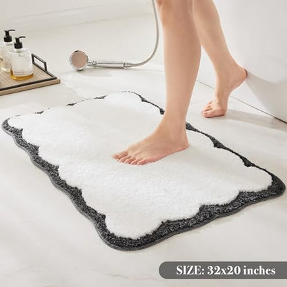 Ohocut Luxury Microfiber Bathroom Rugs, White and Black Scalloped Piping Bath Rug Cute Aesthetic Preppy Elegant Bath Mat for Bathroom, Tub, Floor, Sink, Shower, Anti Slip, Absorbent, 32x20