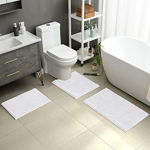 HOMEIDEAS White Chenille Bathroom Rugs Set of 3, Non Slip Bath Mat