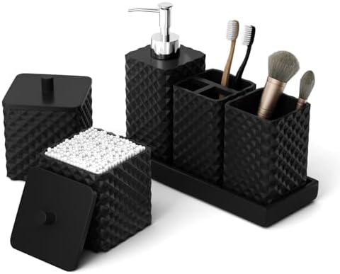Bathroom Accessories Set Resin 6PCS, Square Toothbrush Holders Set Complete with Soap Dispenser, Vanity Tray, Tumbler, Cups and Cotton Swab Jars (Black Diamond, Resin Bath 6 PCS)
