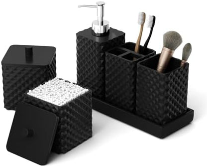 Bathroom Accessories Set Resin 6PCS, Square Toothbrush Holders Set Complete with Soap Dispenser, Vanity Tray, Tumbler, Cups and Cotton Swab Jars (Black Diamond, Resin Bath 6 PCS)