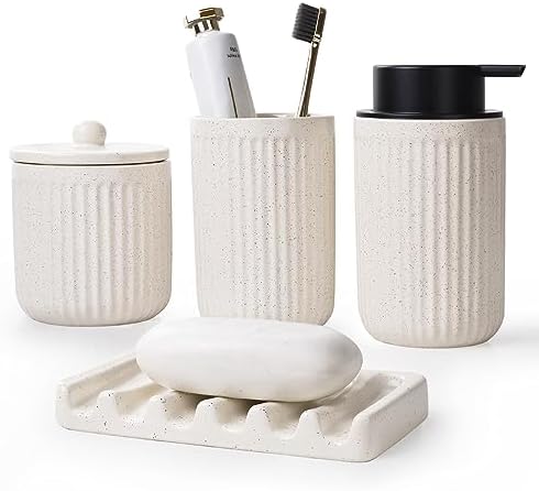 BosilunLife Striped Beige Ceramic Bathroom Accessories Set of 4