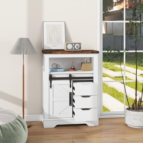 Panana Farmhouse Bathroom Floor Cabinet, Sliding Barn 3 Drawers & 1 Door Freestanding Small Storage Cabinet for Bathroom, Kitchen (White)