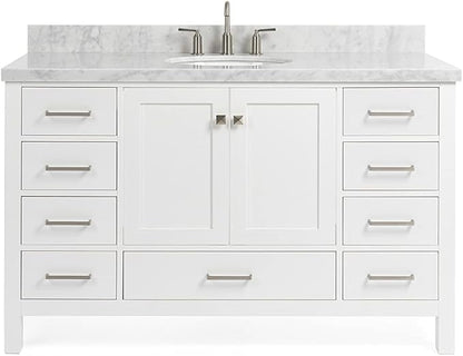 ARIEL Cambridge 54-inch Bathroom Vanity with Sink,Solid Wood, 1.5-inch Italian Carrara Marble Countertop & Backsplash, Single Oval Porcelain Sink, 2 Soft Closing Doors, 9 Dovetail Drawers, White