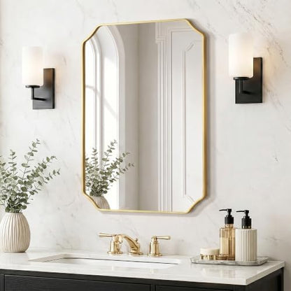 Delma Bathroom Vanity Mirror, Black Framed Aluminum Bathroom Mirror for Over Sink, Scalloped Round Corner Wall Mirror, High-Definition Vanity Mirror, Hangs Horizontally or Vertically (30x20,Gold)