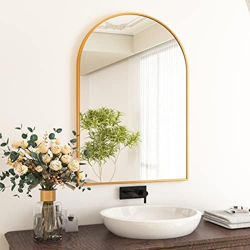 HARRITPURE Arched Bathroom Mirror 24" x 36“ Gold Modern Wall Mirror Aluminum Alloy Frame Decorative Mirrors for Bedroom Living Room Entryway