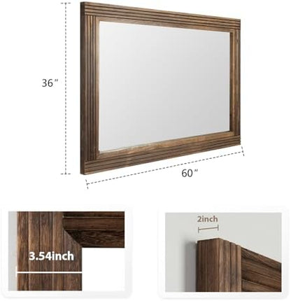 YOSHOOT Hand-Made Wooden Spliced Wall Mirror for Bathroom, Rustic Farmhouse Vanity Mirror, Décor Wall Art, Solid Wood Frame, Vertical or Horizontal Hanging, 60" x 36", Brown