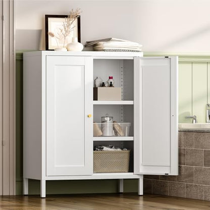 YAUWOH Metal Bathroom Storage Cabinet,Bathroom Floor Storage Cabinet with 2 Adjustable Shelves and 2 Doors,Freestanding Sideboard for Small Spaces, Living Room, Home Office, Dining Room,White