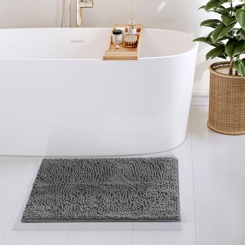 Hearth & Harbor Bathroom Rugs, Chenille Bath Mat - Machine Washable Bath Mats for Bathroom Non-Slip Backing Rubber, Quick Dry Mat - 17x24 - Dark Gray