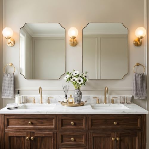 MIRRORART 24x30’’ Gold Bathroom Mirror, Scalloped Mirrors for Bathroom Sink, Notched Corner Rectangle Mirror in 1’’ Premium Stainless Steel Metal Frame Home Remodel Wall Mount Vertical/Horizontal