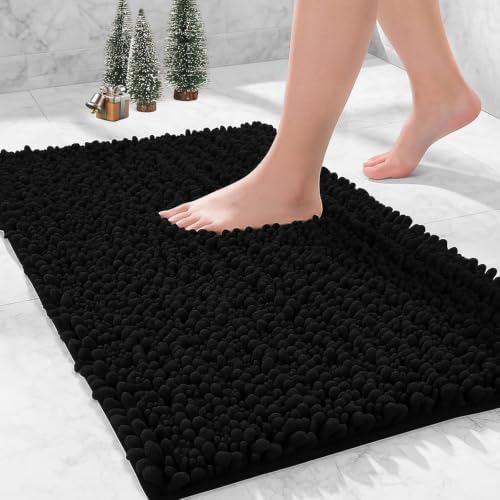 Bathroom Rugs Non Slip Washable, Extra Thick Soft Chenille Absorbent Bath Mat, High Density Barrier Non Slip Backing, Quick Dry Plush Shaggy Floor Carpet for Tub&Shower 24x17, Black