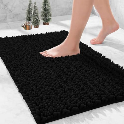 Bathroom Rugs Non Slip Washable, Extra Thick Soft Chenille Absorbent Bath Mat, High Density Barrier Non Slip Backing, Quick Dry Plush Shaggy Floor Carpet for Tub&Shower 24x17, Black