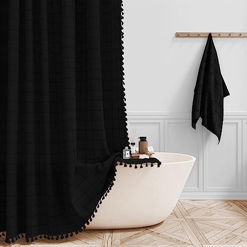 BTTN Black Boho Farmhouse Linen Heavy Duty Fabric Shower Curtain Set, 72x72