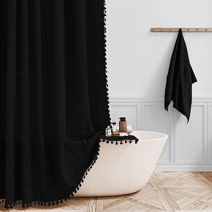 BTTN Black Boho Farmhouse Linen Heavy Duty Fabric Shower Curtain Set, 72x72