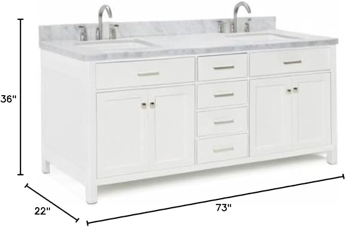 ARIEL Bristol 72-inch Bathroom Vanity with Sink,Solid Wood, 1.5-inch Italian Carrara Marble Countertop, Double Rectangular Porcelain Sink, 4 Soft Closing Doors, 4 Dovetail Drawers, White
