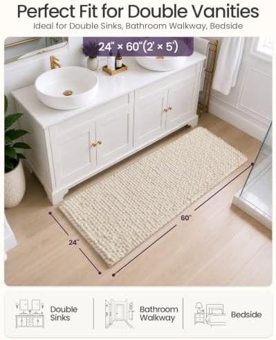 DEXI Bathroom Runner Rugs 60x24, Non Slip Chinelle Bath Mat, Cream