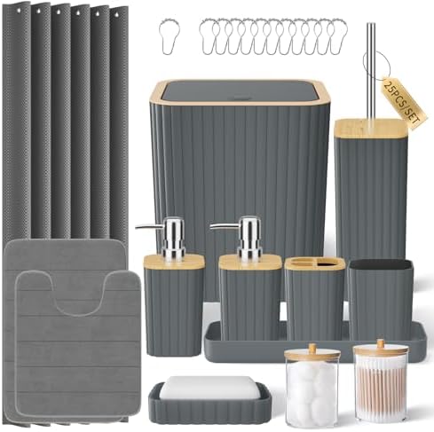 XLHOMO Bathroom Accessories Set - 25PC Grey Bathroom Set, Bathroom Set with Shower Curtain and Rugs, Grey Shower Curtain Set, Toilet Brush, Bathroom Trash Can