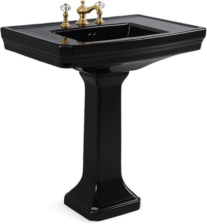 Renovators Supply Manufacturing Victorian 32" W x 34.5" H x 22" Proj. Large Bathroom Black Pedestal Sink, Vitreous China, with Overflow, Compatible with 8 in. Widespread Faucets