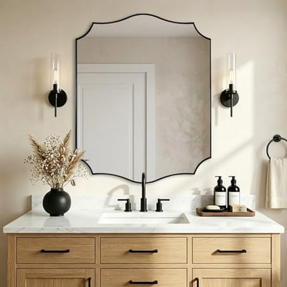 ANDY STAR 24"x30" Black Scalloped Mirror, Bathroom Mirrors for Over Sink, Black Framed Mirror with Elegant Curved Scallop Design, Premium Stainless Steel Thin Frame, Hangs Horizontally or Vertically