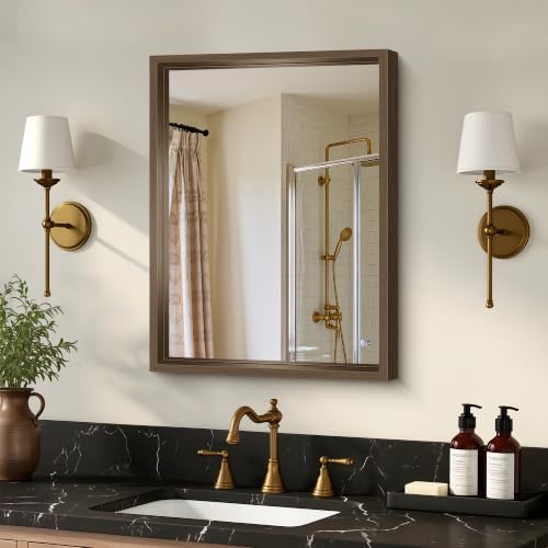 Bathroom Mirror, 18 x 24 inch Walnut Wood Grain Colored Aluminum Metal Frame Bathroom Vanity Mirror, Rectangle Wall Mirror for Bedroom Living Room, Tempered Glass, Horizontal or Vertical