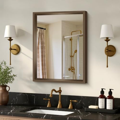Bathroom Mirror, 18 x 24 inch Walnut Wood Grain Colored Aluminum Metal Frame Bathroom Vanity Mirror, Rectangle Wall Mirror for Bedroom Living Room, Tempered Glass, Horizontal or Vertical
