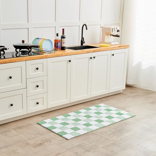 CozeCube Sage Green Checkered Bath Mat 47"x24" Non Slip Washable Rug