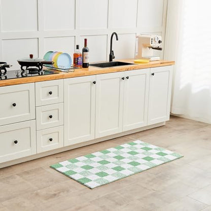 CozeCube Sage Green Checkered Bath Runner 59"x24" Non Slip Washable Rug