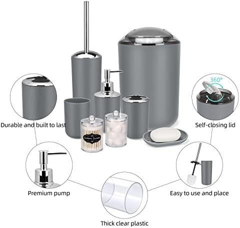 IMAVO Bathroom Accessories Set,Grey Bathroom Set,9 Pieces Bathroom Accessory Set,Tray,Qtip Holders,Toilet Brush,Trash Can for Bathroom Décor and Home Gifts