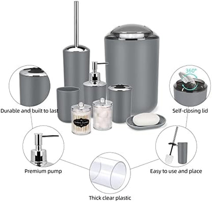IMAVO Bathroom Accessories Set,Grey Bathroom Set,9 Pieces Bathroom Accessory Set,Tray,Qtip Holders,Toilet Brush,Trash Can for Bathroom Décor and Home Gifts