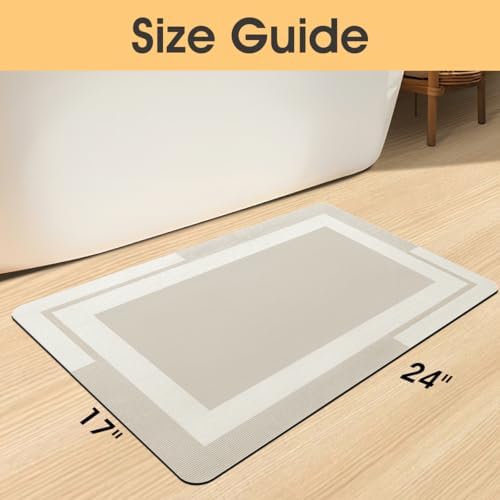 ACCUMTEK Non Slip Bath Mat, Thin Bathroom Rugs Fit Under Door, Quick Dry Bath Mats, Machine Washable Bath Rugs for Bathroom, Bathtub & Kitchen, Bathtub, Light Beige/Bordered/24 x17