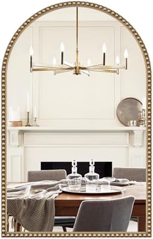 Arched Beaded Mirror for Bathroom, 24"x38" Antique Gold Arch Vanity Wall Mirror, Retro Brass Metal Frame Champagne Bronze Mirrors for Bedroom Dressing Room Entryway Fireplace