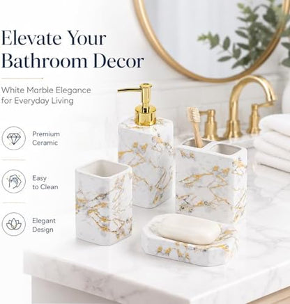 4 Piece Bathroom Accessories Set - White Bathroom Accessory Sets Includes Lotion Dispenser, Toothbrush Holder Tumbler, and Soap Dish - Glossy Finish (Marble, White)