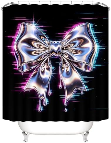 AZHM 4pcs Laser Bow Bathroom Shower Curtain Set with Rugs and Accessories