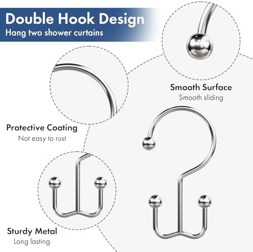 Bathway Shower Curtain Hooks Nickel Shower Curtain Rings, 12 Pcs Double Hook Shower Curtain Hooks Rings Shower Curtain Hangers Rust Proof, Metal Shower Hooks for Bathroom Shower Curtain Rod