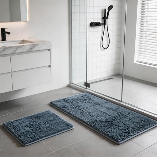Blue Bathroom Rugs Chenille Bath Mats Set 2 Piece Extra Soft and Absorbent Shaggy Rugs, Machine Wash and Dry, Perfect Plush Bath Mats for Tub, Shower, Bathroom Decor, Washable Carpets Set
