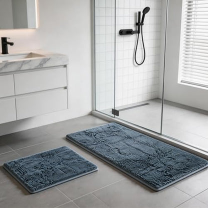 Blue Bathroom Rugs Chenille Bath Mats Set 2 Piece Extra Soft and Absorbent Shaggy Rugs, Machine Wash and Dry, Perfect Plush Bath Mats for Tub, Shower, Bathroom Decor, Washable Carpets Set