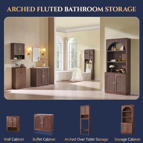 Bathroom Fluted Arched Wall Cabinet Set 2, 23.6''W Medicine Cabinet, Brown