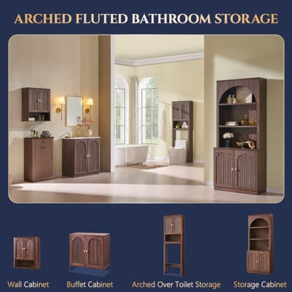 Bathroom Fluted Arched Wall Cabinet Set 2, 23.6''W Medicine Cabinet, Brown