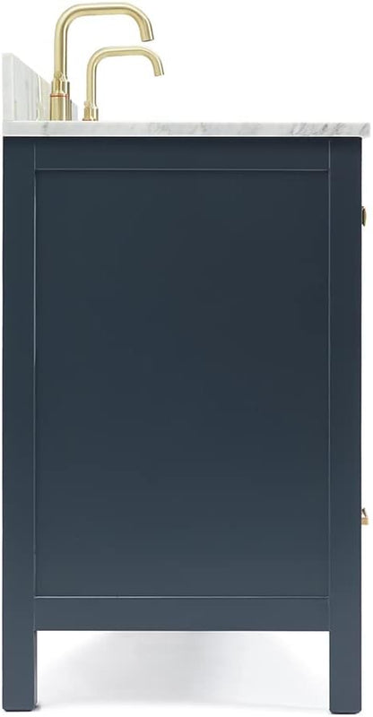 ARIEL Cambridge 72-inch Bathroom Vanity with Sink,Solid Wood, 0.75-inch Italian Carrara Marble Countertop, Double Rectangular Porcelain Sink, 4 Soft Closing Doors, 6 Dovetail Drawers, Midnight Blue