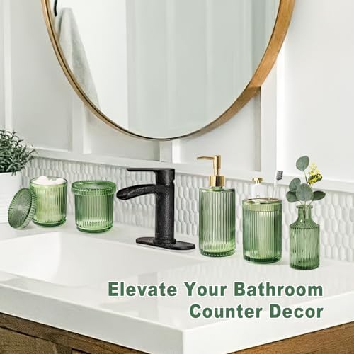 Green Bathroom Accessories 5 Pcs, Glass Bathroom Accessory Set, Vintage Green Bathroom Set, Sage Green Soap Dispenser and Toothbrush Holder Set, Qtip Holder, Small Flower Vase, Modern Bathroom Decor