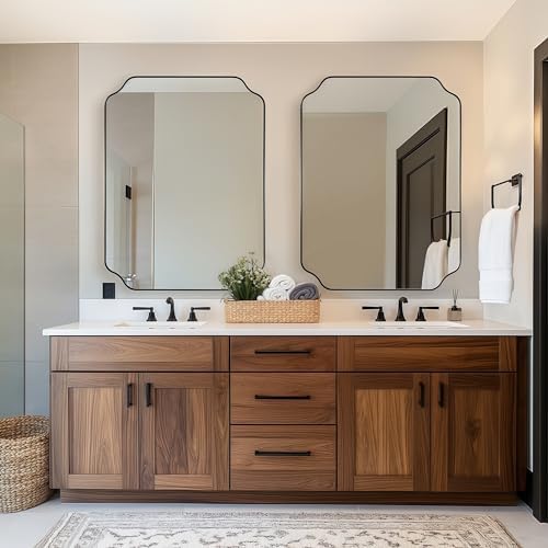 MIRRORART 30x40 Inch Bathroom Mirrors for Over Sink, Large Black Scalloped Mirror for Bathroom, Notched Corner Rectangle Mirror in 1’’ Stainless Steel Metal Frame Hang Vertical/Horizontal Decorative