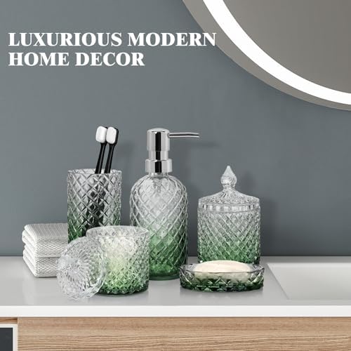 Bathroom Accessories Set, 5Pcs Bathroom Soap Dispenser Set, Glass Bathroom Accessories with Glass Soap Dispenser, Soap Dish, Toothbrush Holder, Tumbler, Cotton Swab Jar (Gradient Clear & Green)