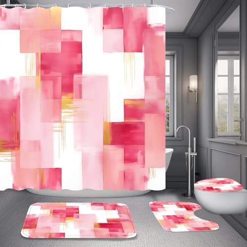 Yddsky 4 Pcs Pink Geometric Shower Curtain Set with Rugs Bathroom Set