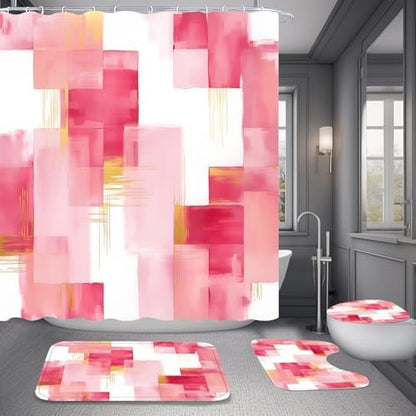 Yddsky 4 Pcs Pink Geometric Shower Curtain Set with Rugs Bathroom Set